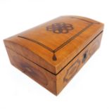 A 19th century dome-topped satinwood box with hinged cover, various marquetry decoration including a