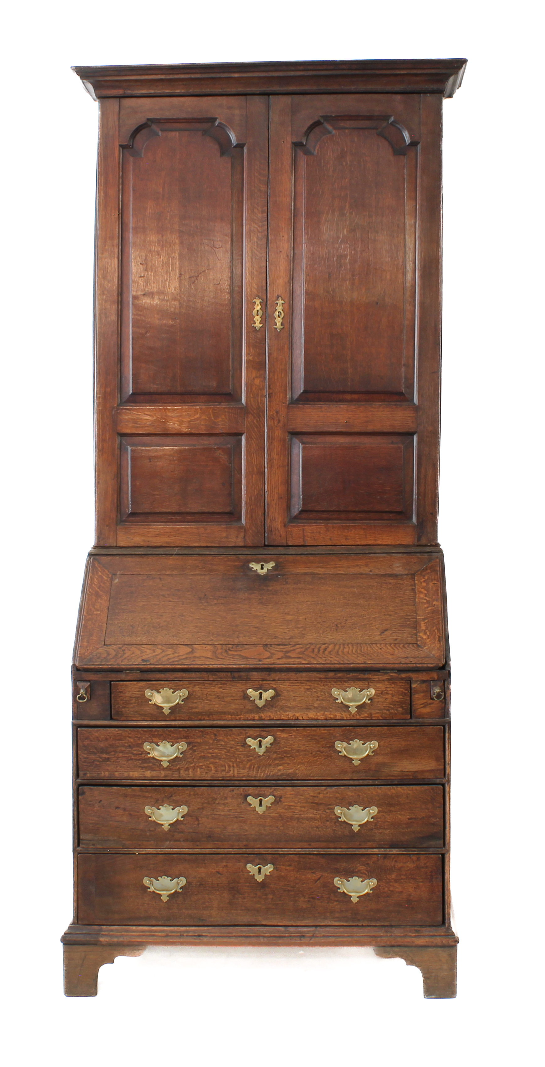 A mid-18th century oak bureau-cabinet: two high fielded panel doors opening to reveal shelves; - Image 2 of 6