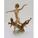 A fine, rare and unusual Jugendstil porcelain figure: an exuberant Circe with leopards; the female