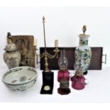 A variety of items to include: ceramic lamps; a brass two-light adjustable table candelabra; an