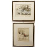 Two British 20th century coloured etchings: 1. After TOM CARR (1912-1977) - 'In the Snow: The Hunt