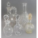 Five pieces of 19th century glassware: a carafe and stopper, gilt-highlighted and decorated with