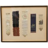 Five silk bookmarks mounted in a glazed Hogarth frame (34.5 x 44.5 cm) and to include: 'Forget Me