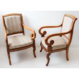 A pair of French Empire style (good modern reproductions) show-wood and stripe upholstered open