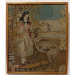 A late 19th century gros point needlework study of a young girl feeding a fawn (53 x 44.5 cm). Later