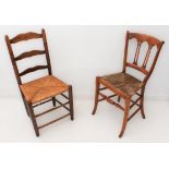 A 19th century French provincial cherrywood chair with rush seat and a similar sized ladderback