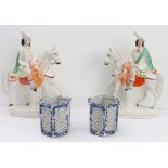 Two pairs: 1. a large opposing pair of 19th century Staffordshire flatback figures modelled as
