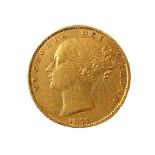 An 1872 gold sovereign (young head obverse and royal arms reverse).