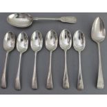 A set of six hallmarked silver teaspoons (London 1903) and two tablespoons (early 19th century and