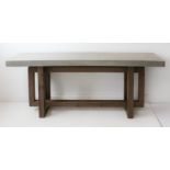 A modern Designer cube 'console' table: grey-painted single-plank rectangular top above a stained
