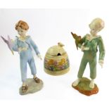 Two Royal Doulton figures modelled by F.G. Doughty and a Clarice Cliff honey pot: 1. 'The