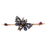 A late Victorian or Edwardian rose gold, silver, sapphire, ruby, seed pearl and diamond butterfly