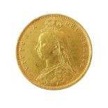 An 1892 gold sovereign (veiled head obverse and royal arms reverse).