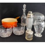 Seven pieces of glassware and a large Le Creuset saucepan: a large mid-20th century hand-cut (
