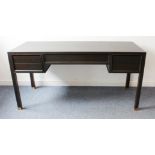 A modern dark-stained parquetry oak desk or side-table by Eichholtz: central spring-loaded drawer