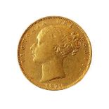 An 1871 gold sovereign (young head obverse and royal arms reverse).