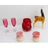 Six pieces: a handmade claret-coloured textured vase, possibly Whitefriars (12cm high); a pair of
