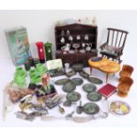 An assortment of mostly miniature toys: handmade doll's house furniture - dresser, rocking chair