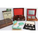 A mixed lot of six: 1. a 19th century rosewood and mother of pearl inlaid jewellery box; 2. a late