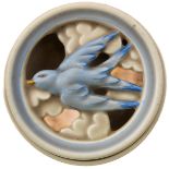 A circular Clarice Cliff Pottery potpourri: the pierced lid modelled as a bluebird in flight,