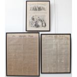 Three 19th century newspaper front pages: 1. 'Gloucester Journal' November 27th 1820 (55 x 41.5 cm);