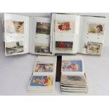 327 mostly early 20th century postcards in three albums and comprising 107 war and military, 122