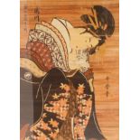 A parcel gilt framed and glazed Japanese marquetry (various woods) of a courtesan reading a