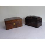 A mid-18th mahogany century tea caddy (for restoration) and a mid-19th century workbox and its