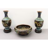 Three cloisonné decorated Chinese pieces: 1. a late 19th to early 20th century Chinese bowl of squat