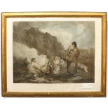 After George Morland - 'The Fern Gatherers', hand-coloured 18th century mezzotint (48 x 47 cm).