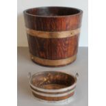 An early 20th century coopered oak planter and a similar period silver-plate-mounted coopered two-