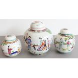 Three ginger jars and covers: 1. an early 20th century Chinese porcelain example, hand-decorated
