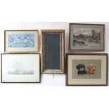 Various decorative wall-hanging pictures and prints and a looking glass: GILL EVANS - portrait of of