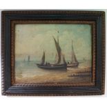An early 19th century marine scene, oil on panel, two sailboats moored along the shore. (19.5 x 24