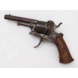 A Belgian six-shot pinfire revolver: approx. 8 mm calibre, 8.5 cm octagonal barrel; the cylinder