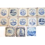 Thirteen tin-glazed blue-and-white earthenware tiles: 1. a series of 10 similar, 18th century,