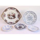Five pieces of 19th century china to include: 1. a Wedgwood 'Asiatic Pheasant' blue and white plate.
