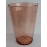 A large hand-made mid 20th century circular pink tinge glass vase of conical form and with ground