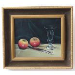 William Bennett (British, 20th century) Still life with two apples, a knife and a wine glass on a