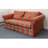 A two-seater sofa-bed upholstered in red and green striped fabric decorated with laurel leaf wreaths