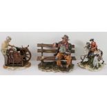 Three Capodimonte porcelain figures: 1. Tramp on bench (25.5 cm wide). 2. 'The Knife Blade