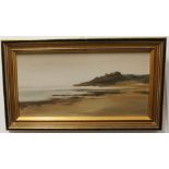 British School (second half 20th century) Coastal landscape with distant ruins oil on canvas