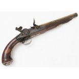 A late 18th century flintlock pistol; 17 mm 9" brass barrel marked 'London' on the top flat, and