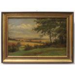 English School (late 19th century) Summer landscape with views across harvest fields oil on