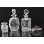 Two decanters and two other pieces: 1. a modern hand-cut spirit decanter of square form (small