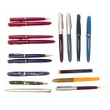 A collection of vintage fountain pens: 1940s-60s, including a Parker 51 pen and propelling pencil