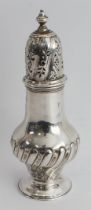 A mid 18th century hallmarked silver sugar caster with pierced dome top and baluster lower body with