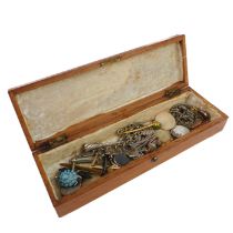 A box of vintage costume and silver jewellery - including a fancy silver fob chain with 19th century