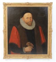 Manner of Marcus Gheeraerts Half-length of an Alderman wearing a lace ruff and holding gloves,