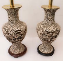 A pair of Chinese carved ivorine lacquer vase table-lamps: late 20th century, of baluster form and